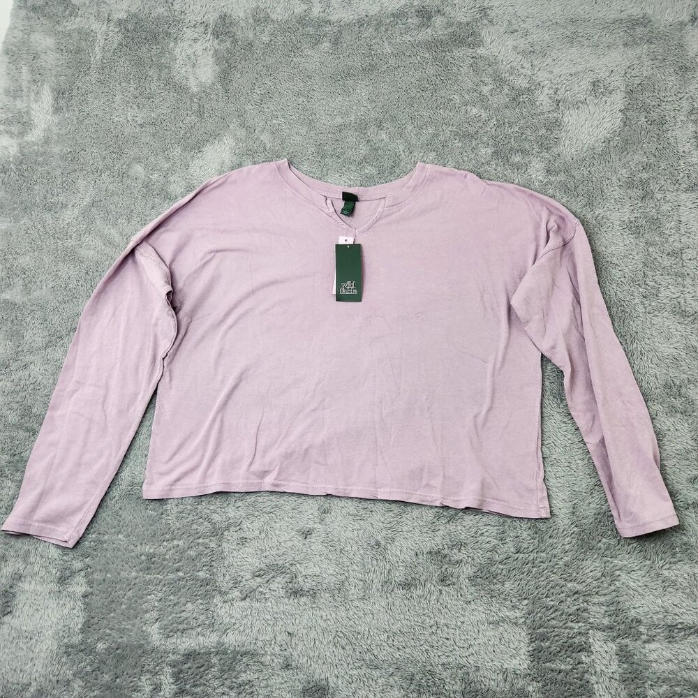 Wild Fable Shirt Womens L Purple Long Sleeve Cropped Top Relaxed Fit Crew Neck